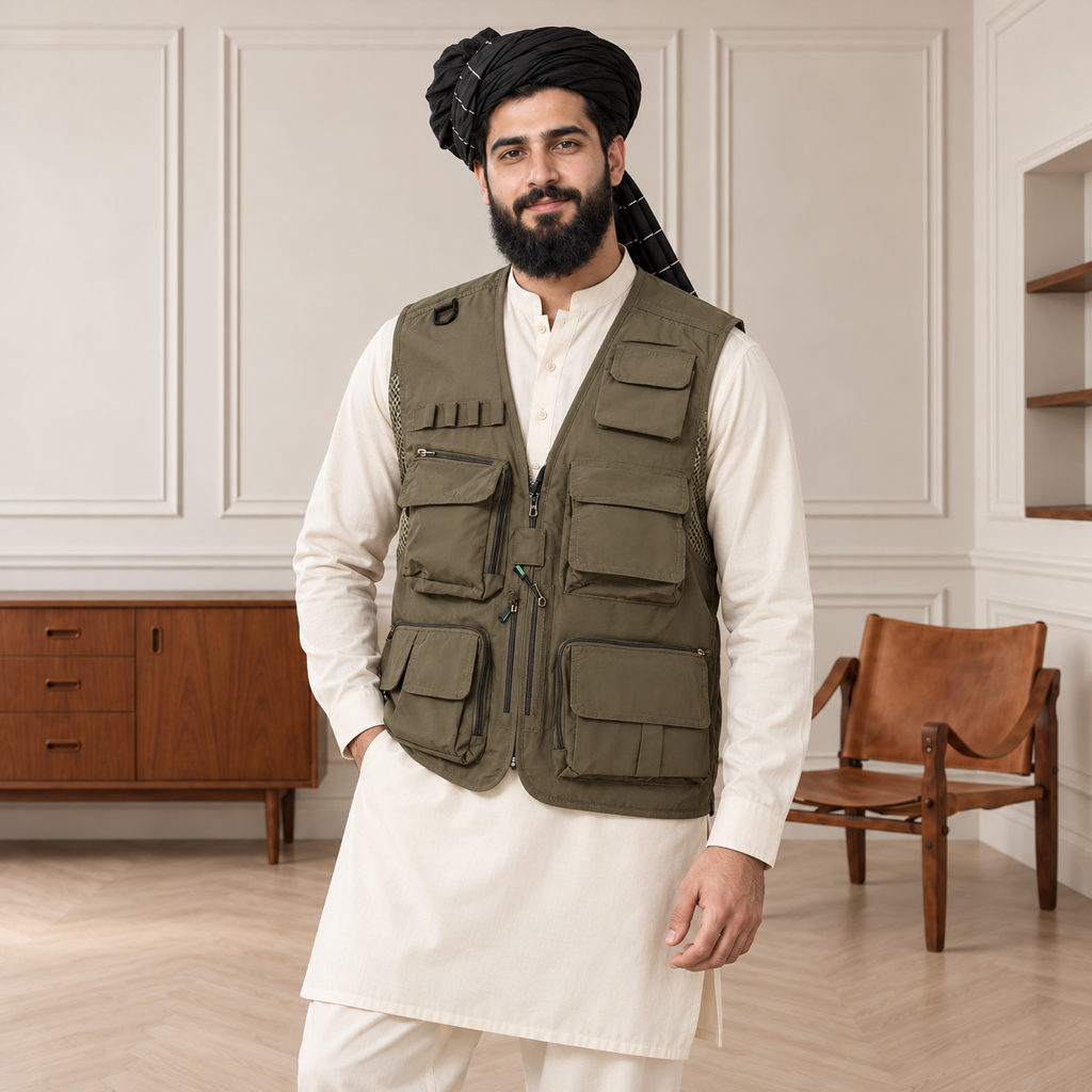 Olive Green Afghani Style Jacket for men – turban front three quarter