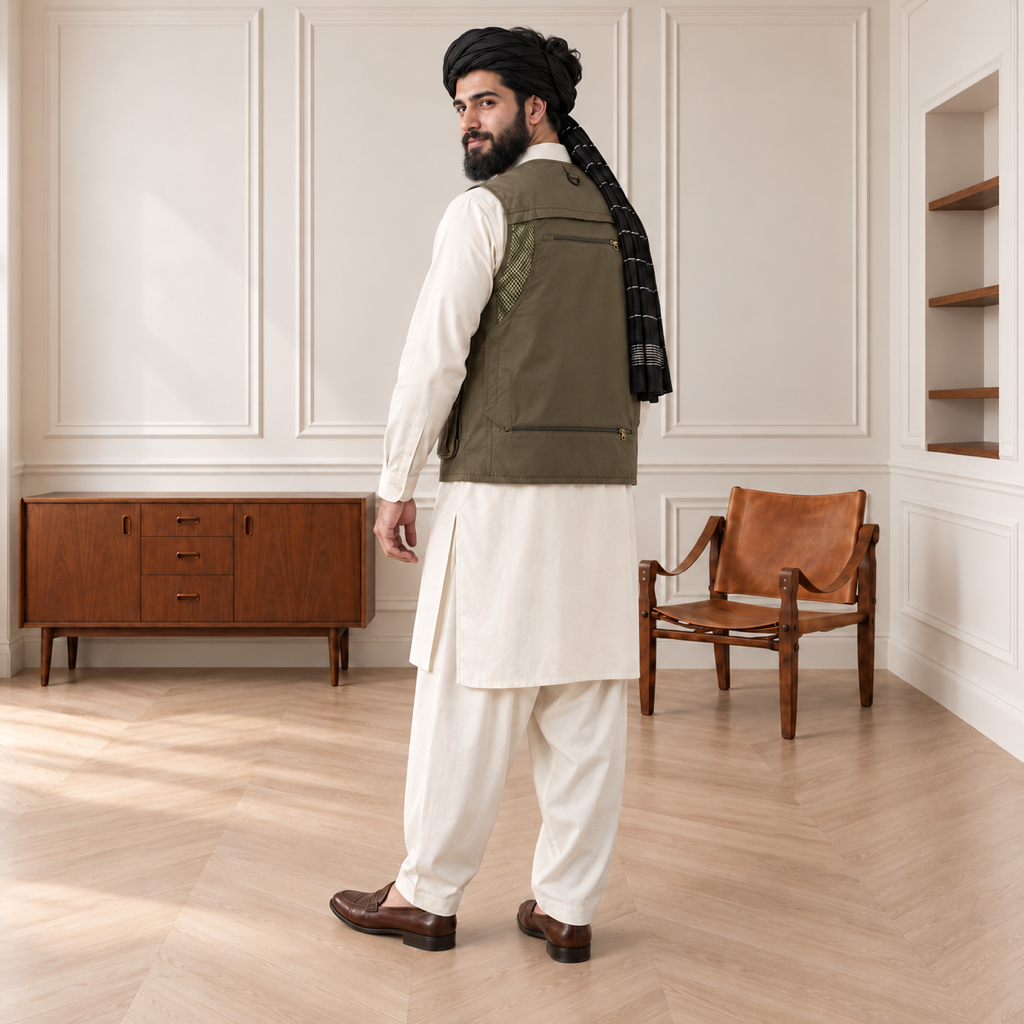 Olive Green Afghani Style Jacket for men – turban back over shoulder