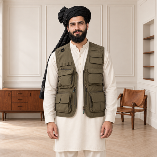 Olive Green Afghani Style Jacket for men – turban front half body