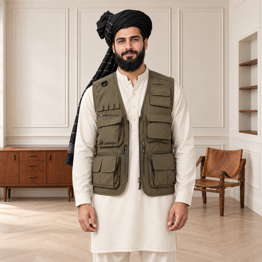 Olive Green Afghani Style Jacket for men – turban front half body