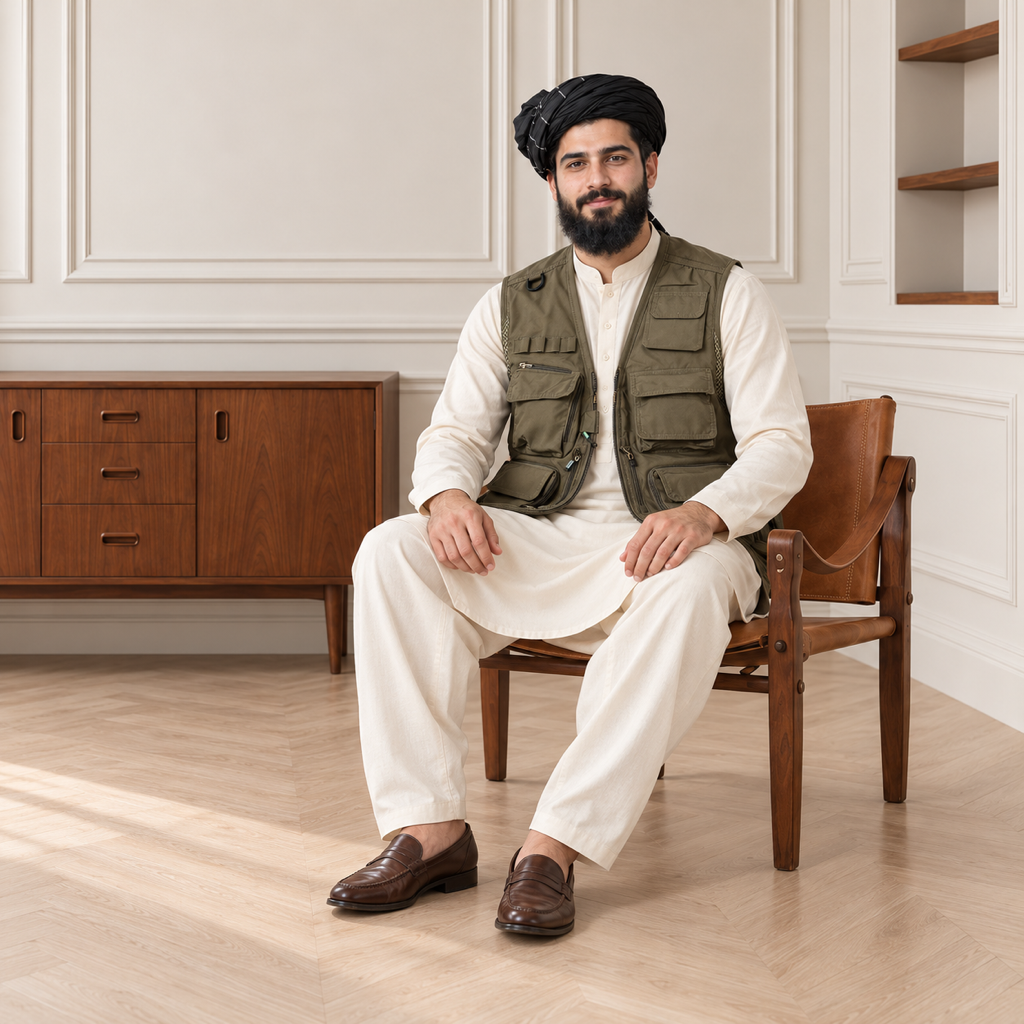 Olive Green Afghani Style Jacket for men – turban seated