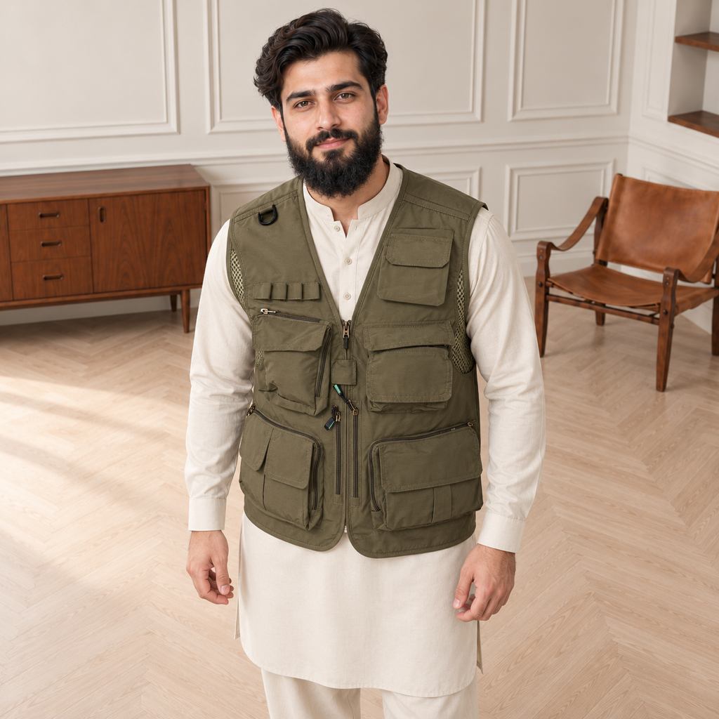 Olive Green Afghani Style Jacket for men – model top front detail
