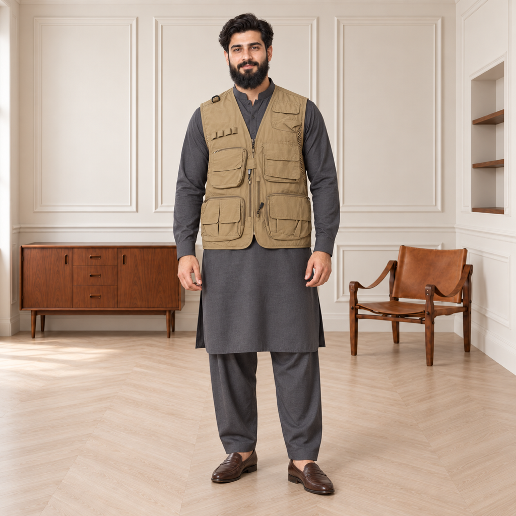 Sand Khaki Afghani Style Jacket for men – model front full