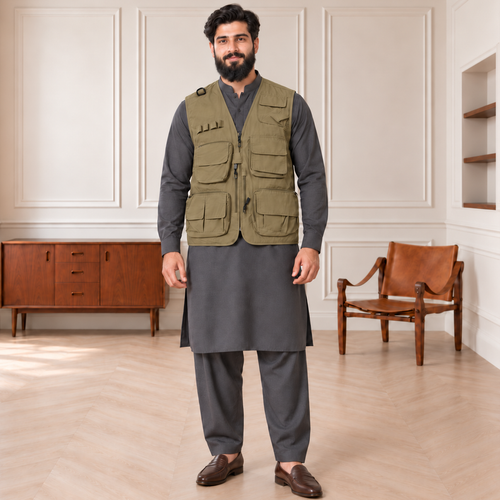 Mahdi (Military Brown) Afghani Style Jacket for men — model front full