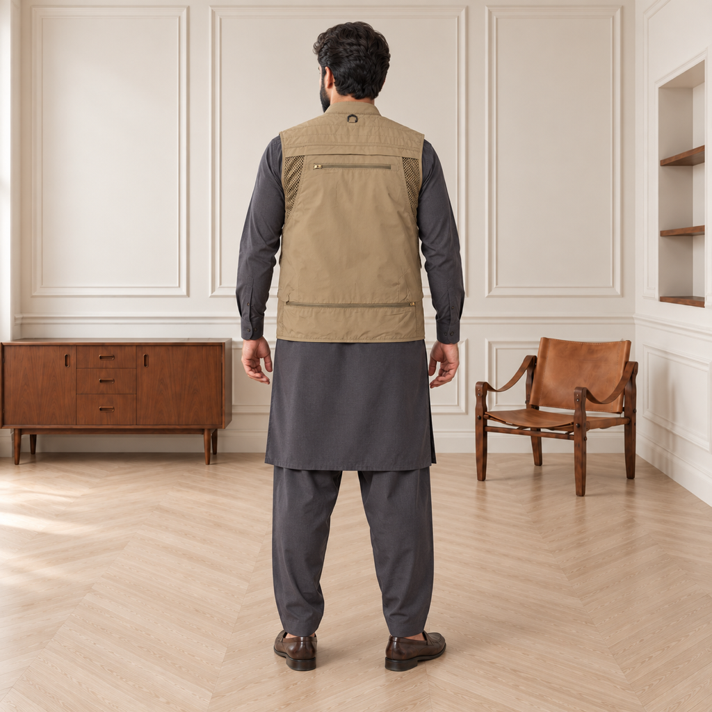 Sand Khaki Afghani Style Jacket for men – model back full