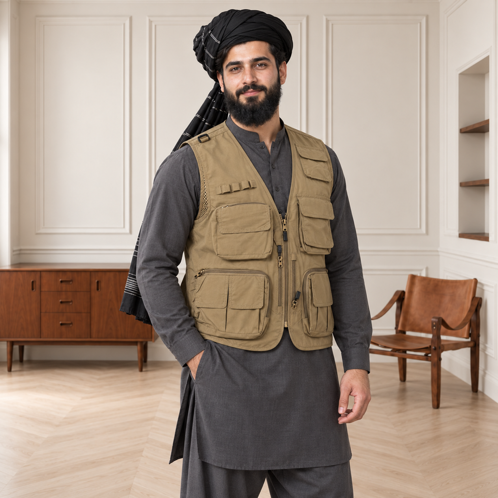 Sand Khaki Afghani Style Jacket for men – turban front three quarter