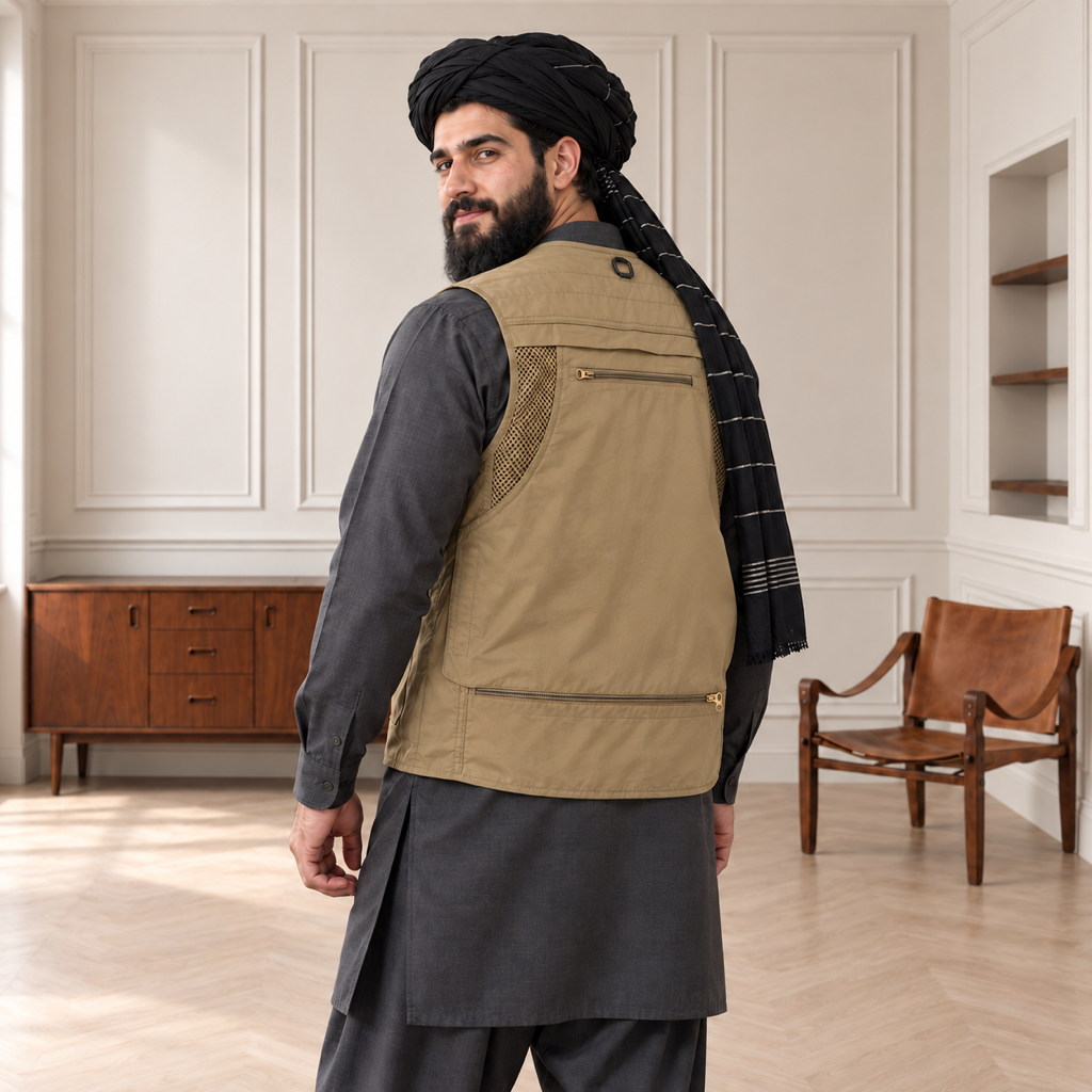 Sand Khaki Afghani Style Jacket for men – turban back over shoulder