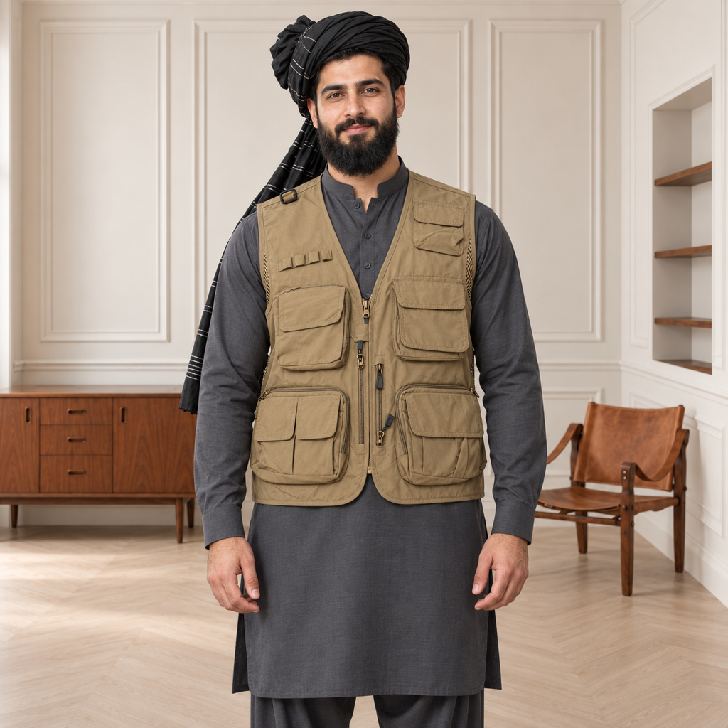 Sand Khaki Afghani Style Jacket for men – turban front half body