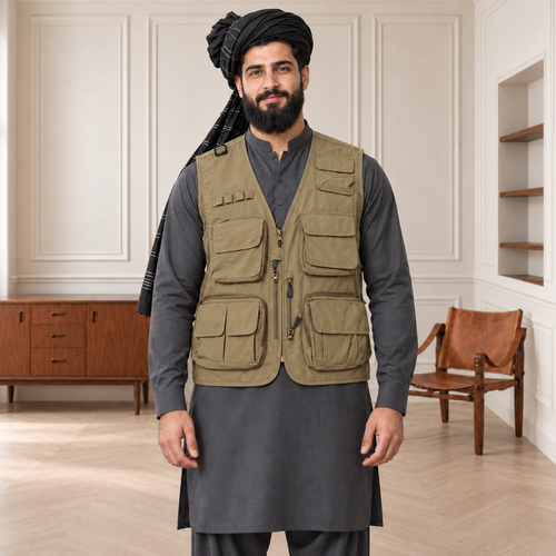 Mahdi (Military Brown) Afghani Style Jacket for men — turban front half body