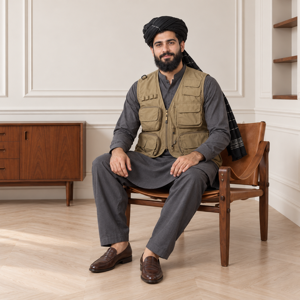 Sand Khaki Afghani Style Jacket for men – turban seated