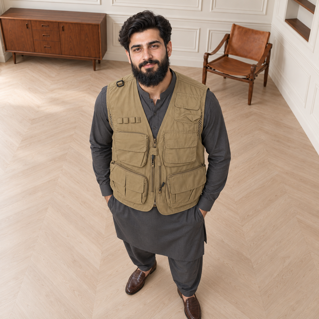 Sand Khaki Afghani Style Jacket for men – model top front detail