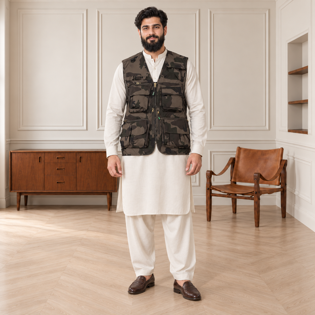 Woodland Camouflage Afghani Style Jacket for men – model front full