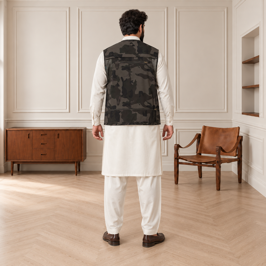 Woodland Camouflage Afghani Style Jacket for men – model back full