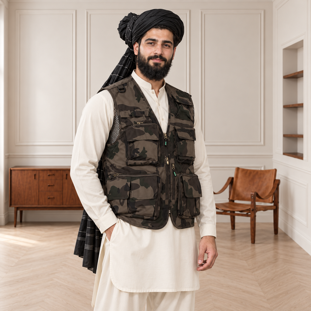 Woodland Camouflage Afghani Style Jacket for men – turban front three quarter
