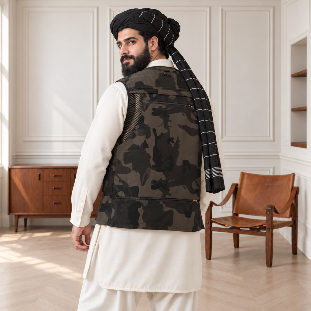 Woodland Camouflage Afghani Style Jacket for men – turban back over shoulder