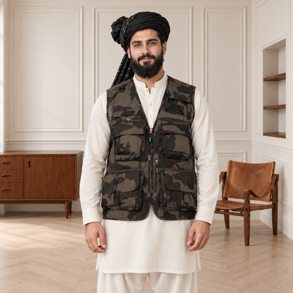 Woodland Camouflage Afghani Style Jacket for men – turban front half body