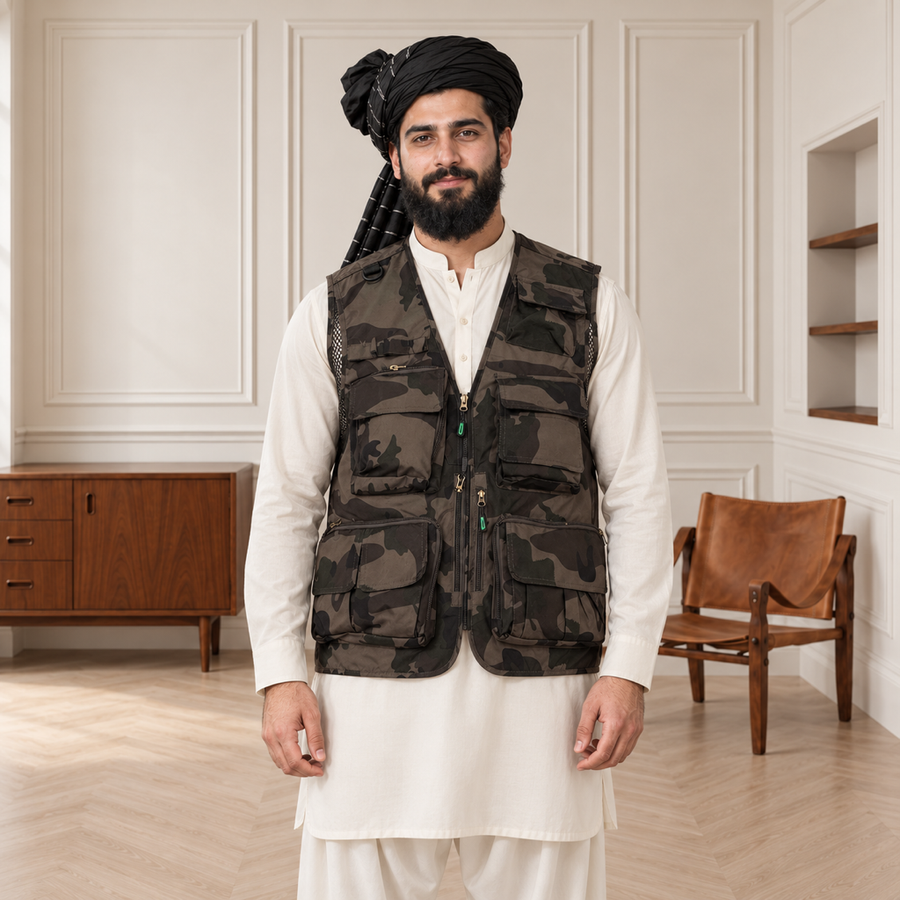Woodland Camouflage Afghani Style Jacket for men – turban front half body
