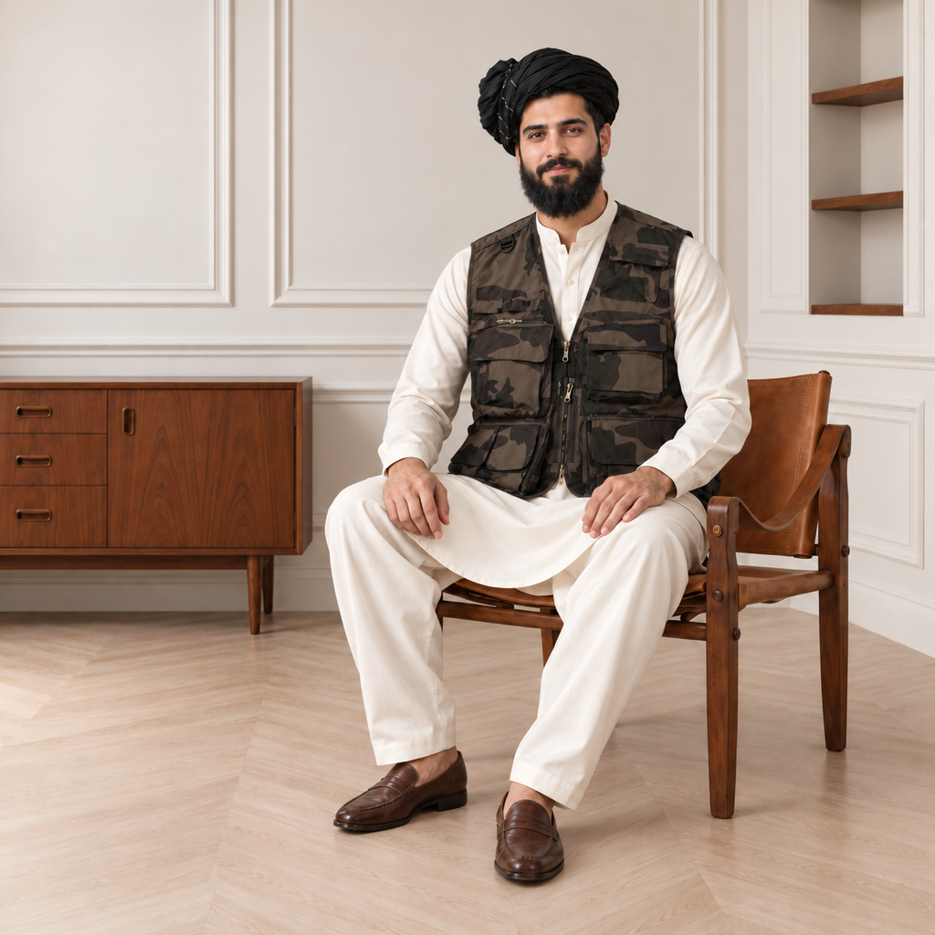 Woodland Camouflage Afghani Style Jacket for men – turban seated