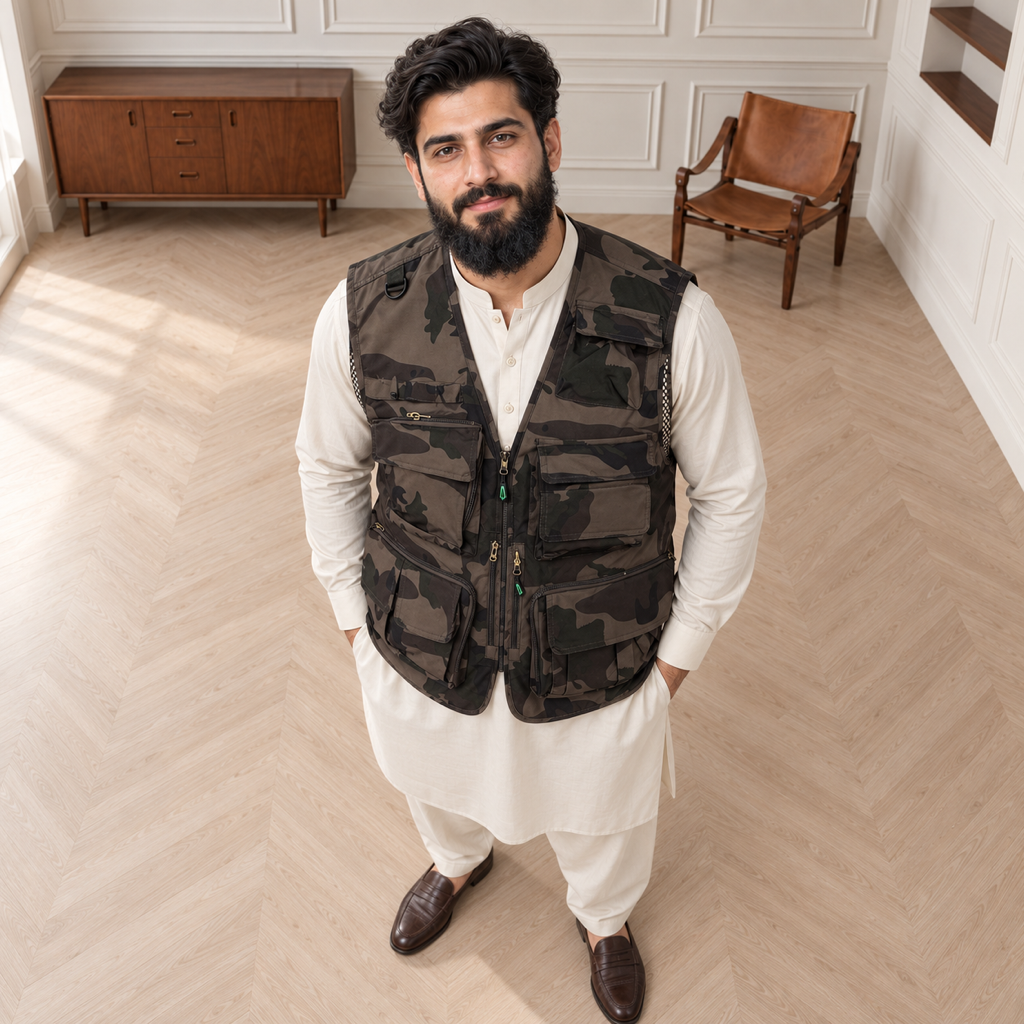 Woodland Camouflage Afghani Style Jacket for men – model top front detail