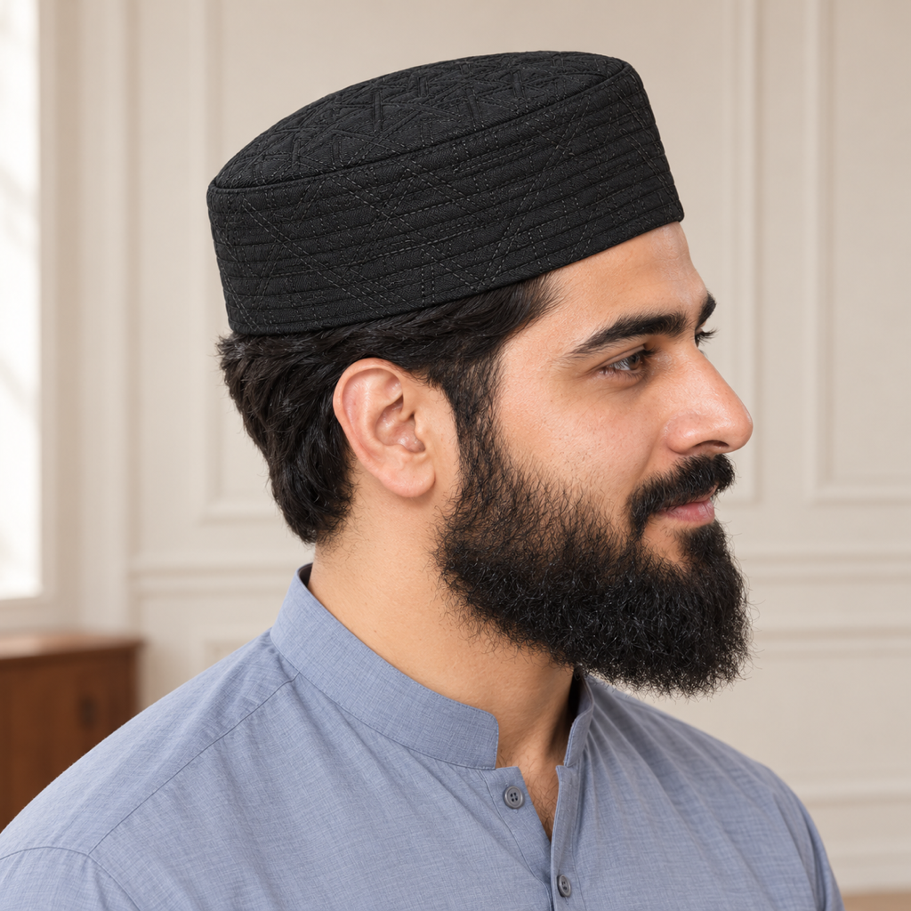 JJ Caps black reversible kufi — side close-up on HayaStyle model
