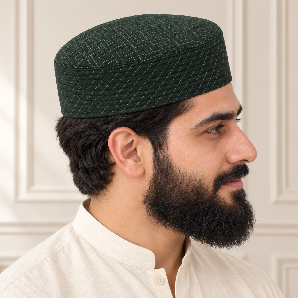 JJ Caps dark green reversible kufi — side close-up on HayaStyle model