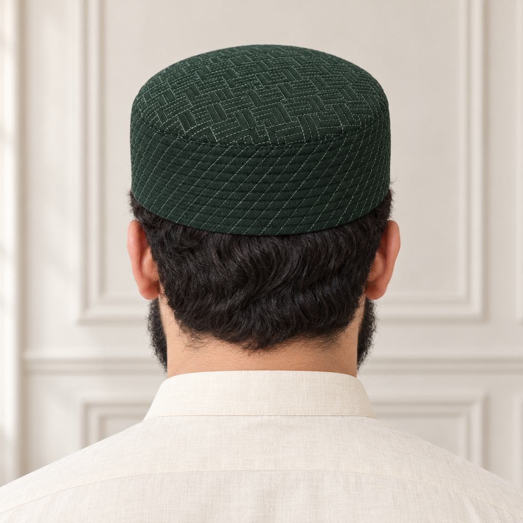 JJ Caps dark green reversible kufi — back close-up on HayaStyle model