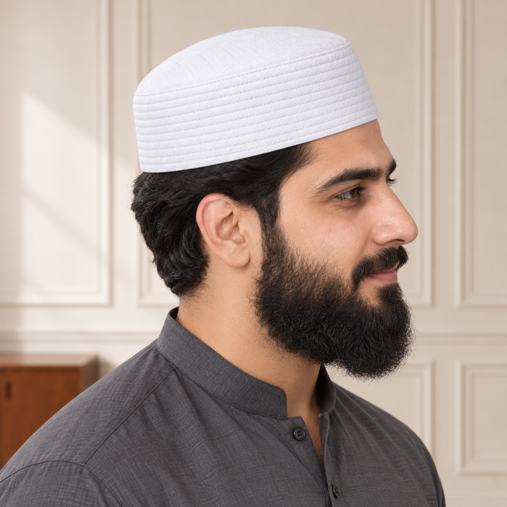 JJ Caps white reversible kufi — side close-up on HayaStyle model