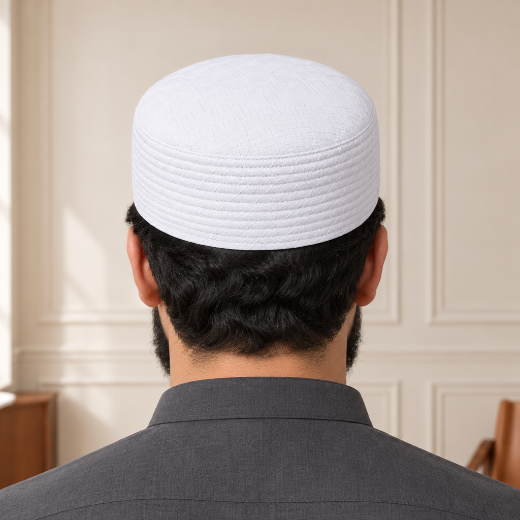 JJ Caps white reversible kufi — back close-up on HayaStyle model