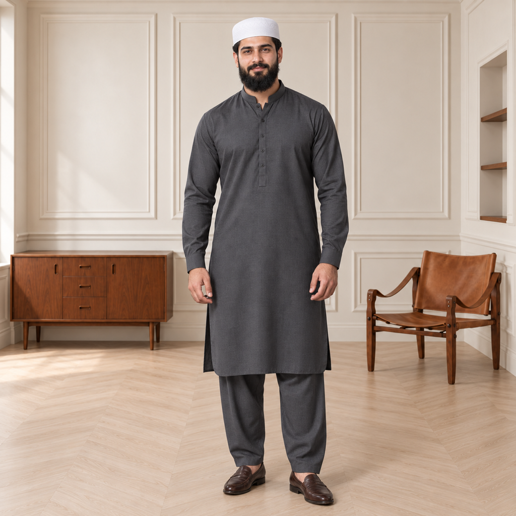JJ Caps white reversible kufi — full-body studio view