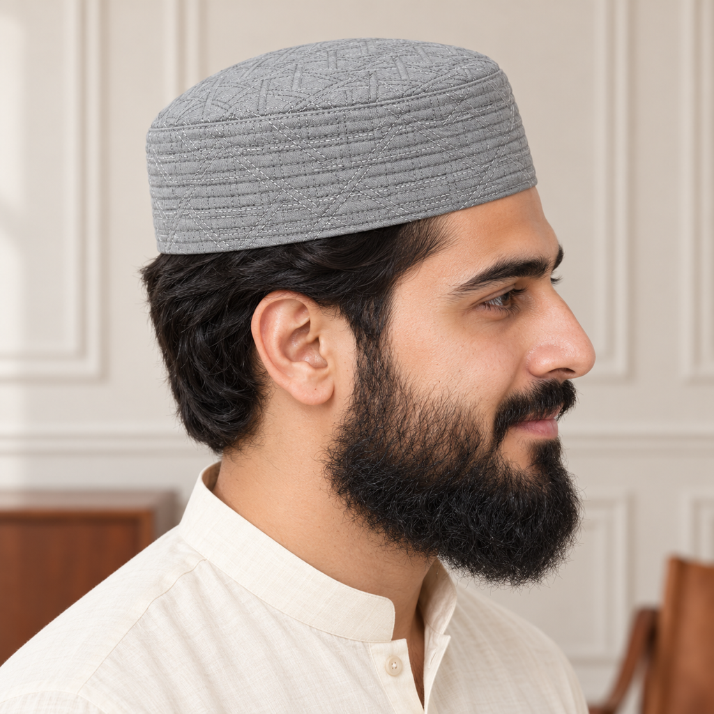 JJ Caps light gray reversible kufi — side close-up on HayaStyle model