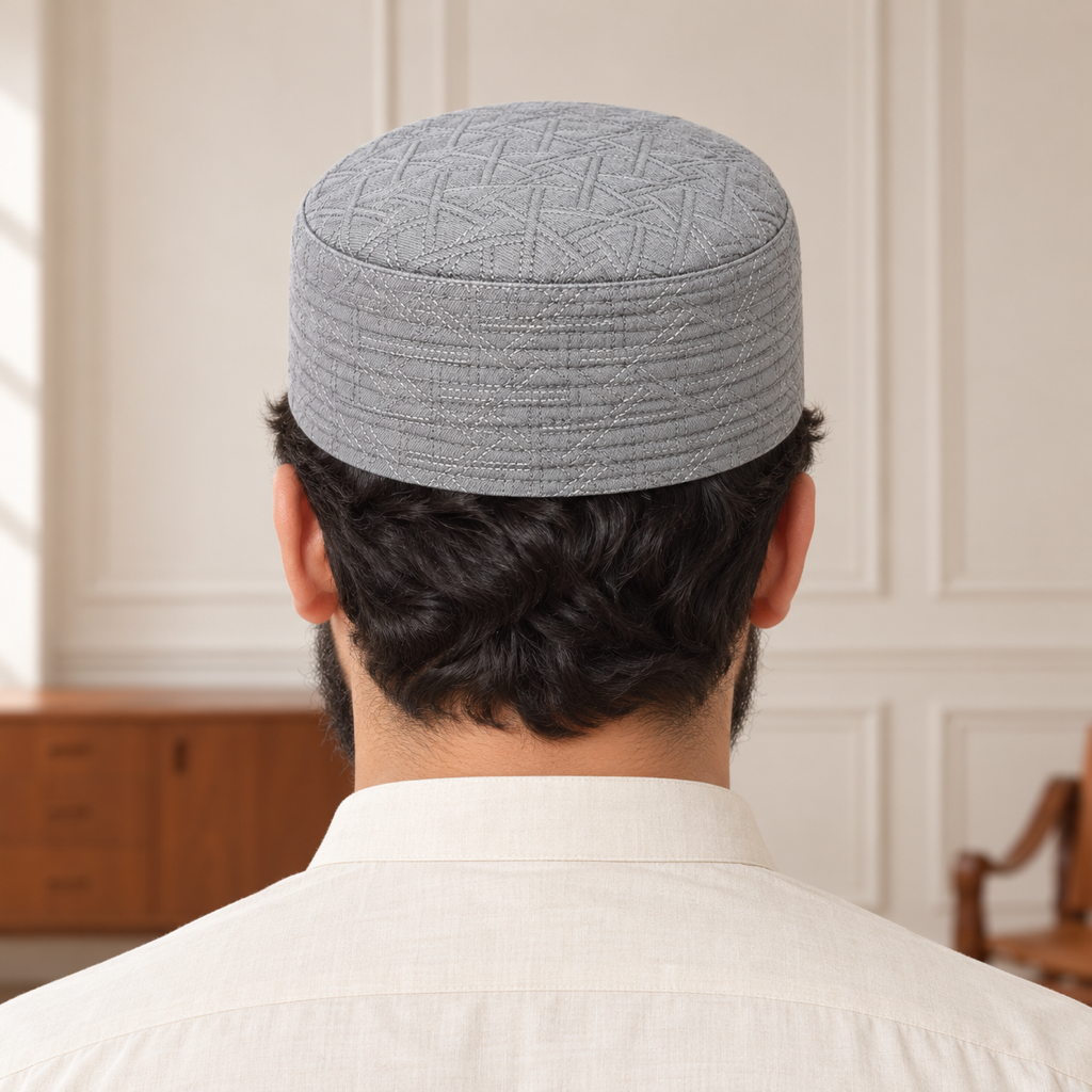JJ Caps light gray reversible kufi — back close-up on HayaStyle model