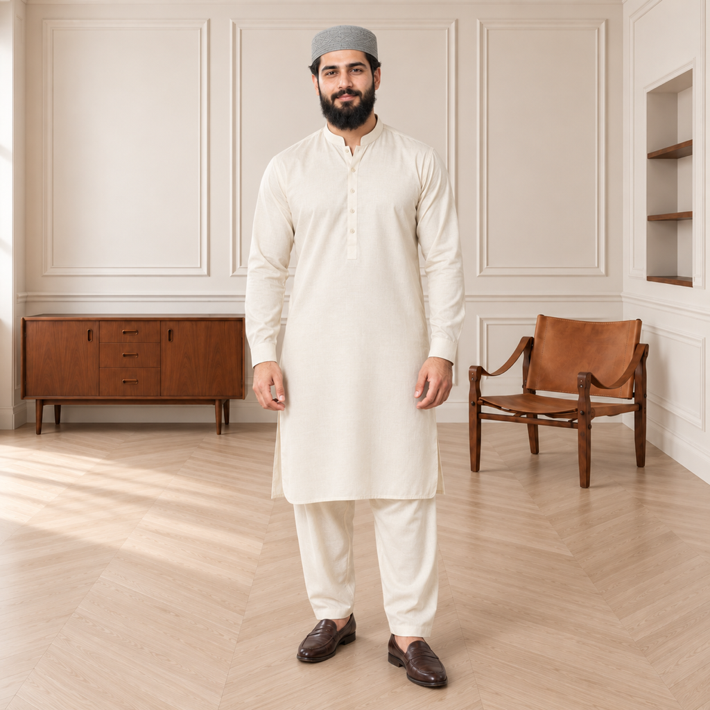 JJ Caps light gray reversible kufi — full-body studio view