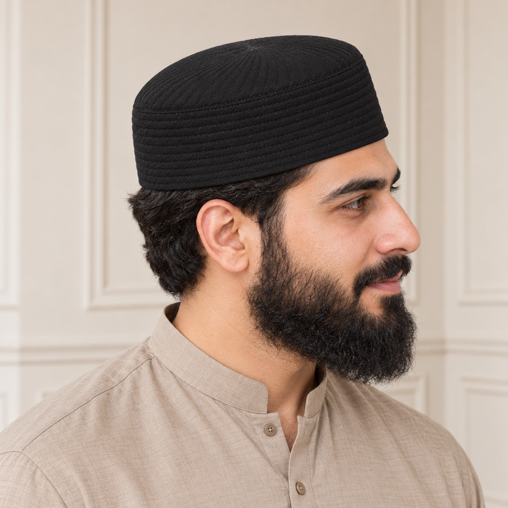 JJ Caps Black Siraj reversible kufi — side close-up on HayaStyle model