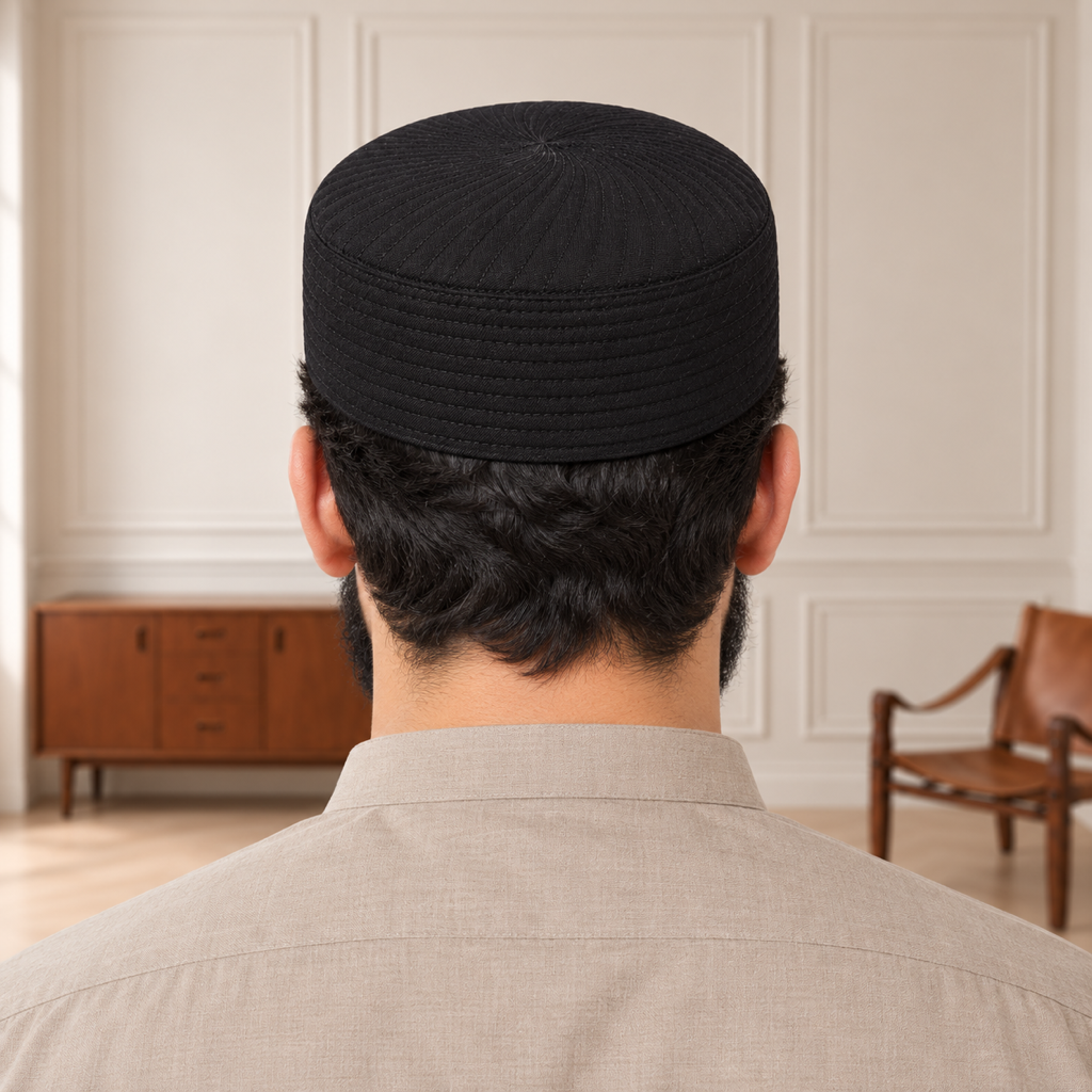 JJ Caps Black Siraj reversible kufi — back close-up on HayaStyle model