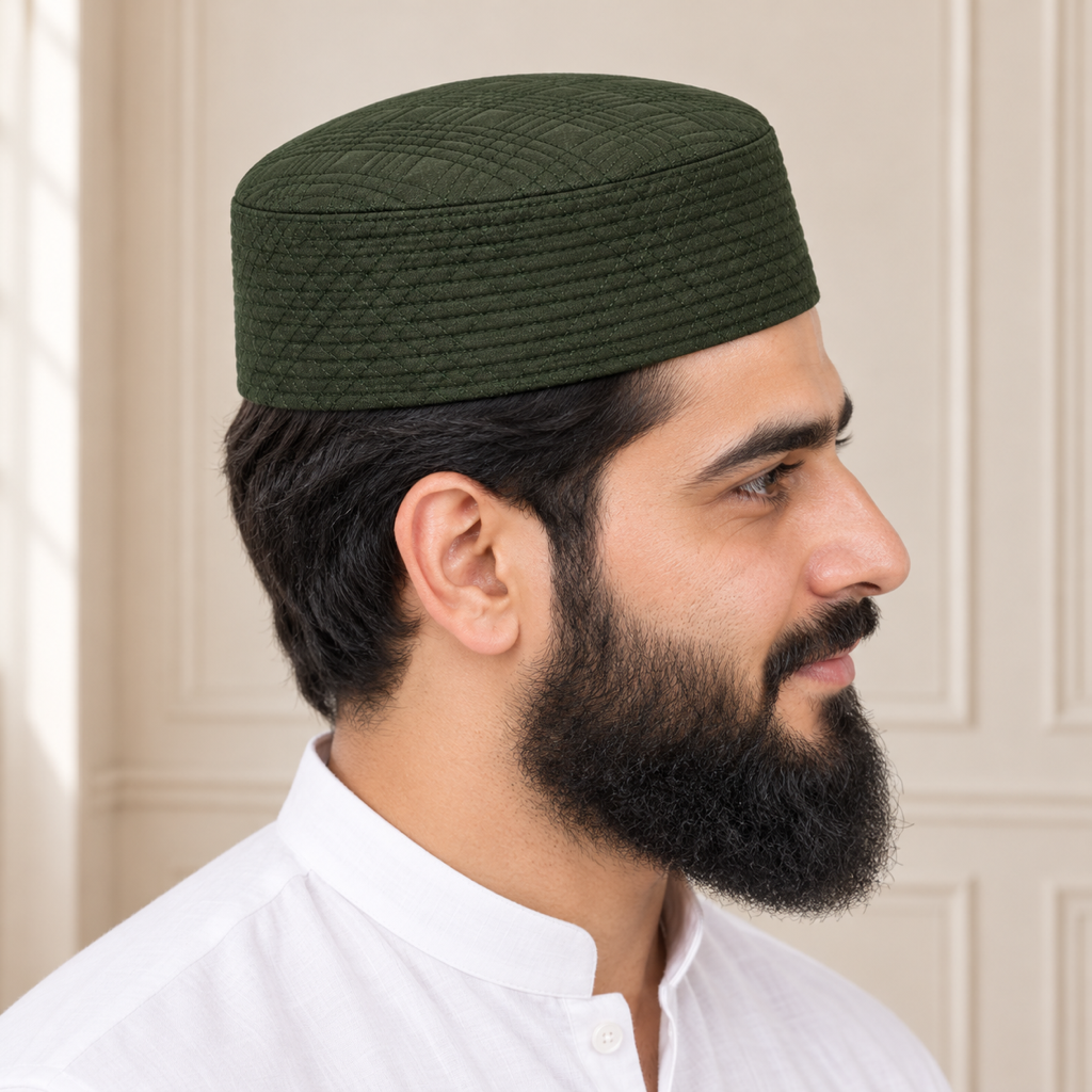 JJ Caps Dark Green Uhud reversible kufi — side close-up on HayaStyle model