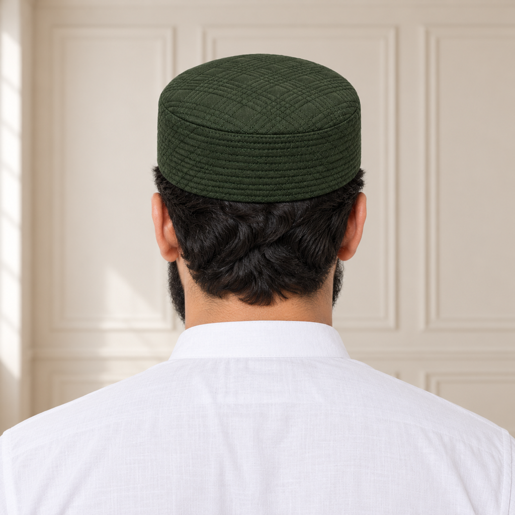 JJ Caps Dark Green Uhud reversible kufi — back close-up on HayaStyle model