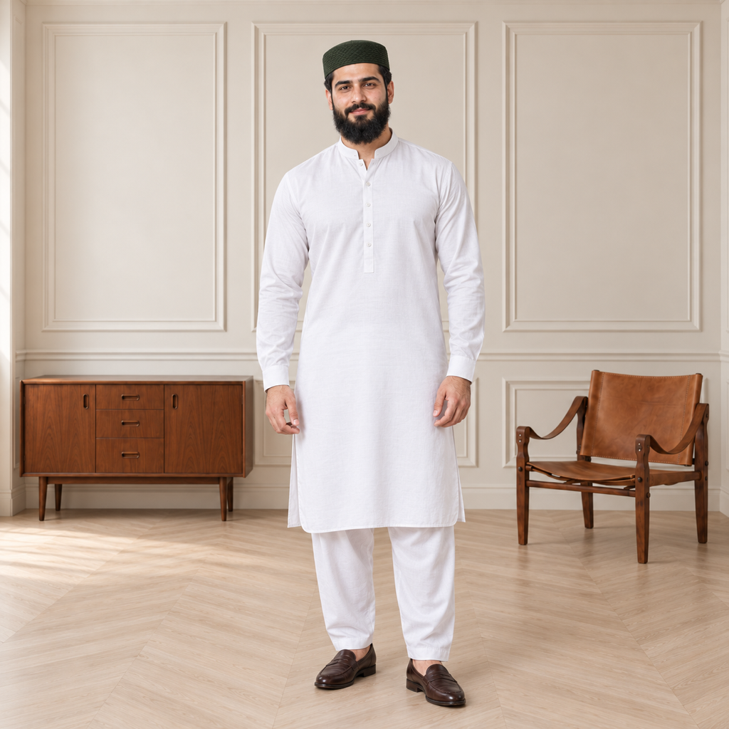 JJ Caps Dark Green Uhud reversible kufi — full-body studio view