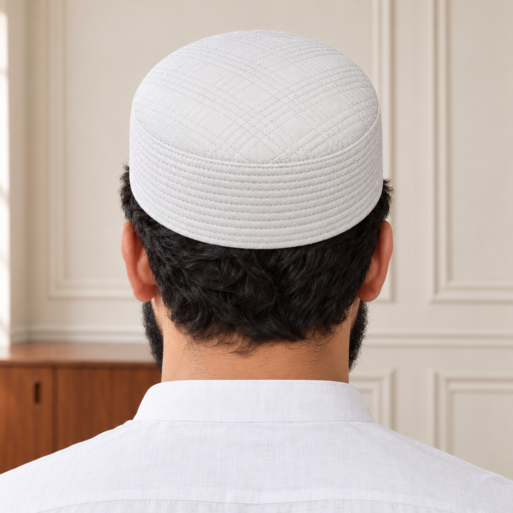 JJ Caps White Uhud reversible kufi — back close-up on HayaStyle model