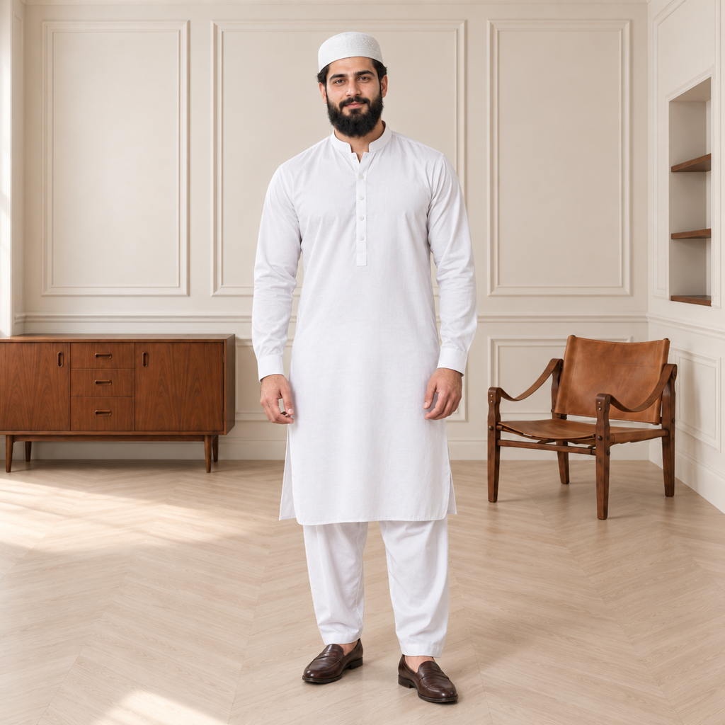 JJ Caps White Uhud reversible kufi — full-body studio view