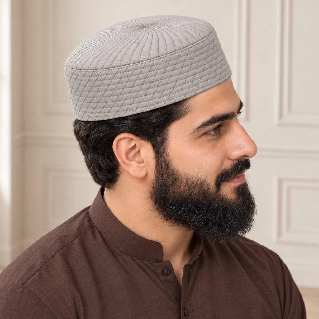 JJ Caps Light Gray Siraj reversible kufi — side close-up on HayaStyle model