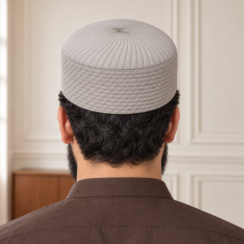 JJ Caps Light Gray Siraj reversible kufi — back close-up on HayaStyle model
