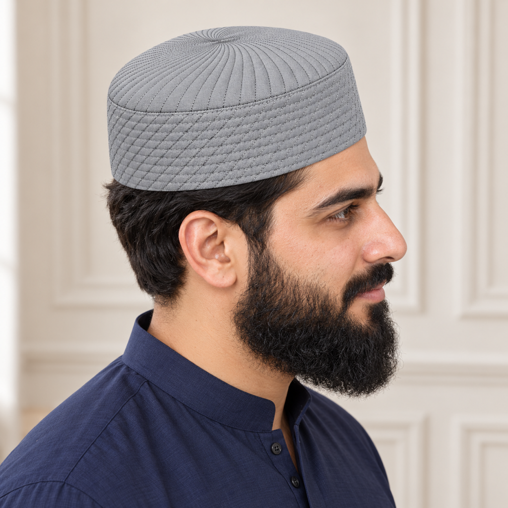 JJ Caps silver gray reversible kufi — side close-up on HayaStyle model