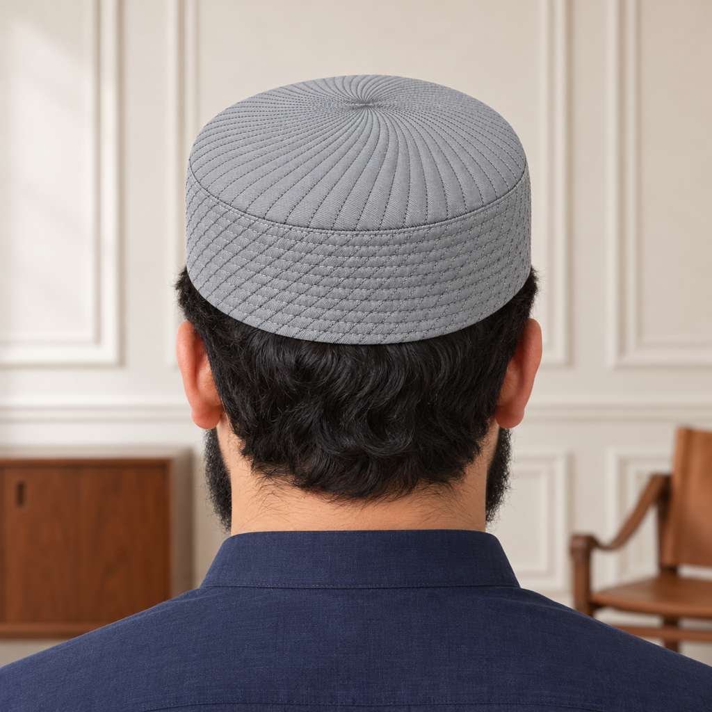 JJ Caps silver gray reversible kufi — back close-up on HayaStyle model