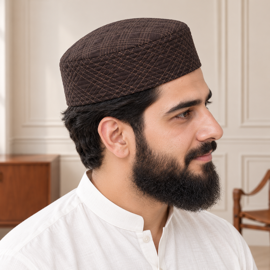 JJ Caps coffee brown reversible kufi — side close-up on HayaStyle model