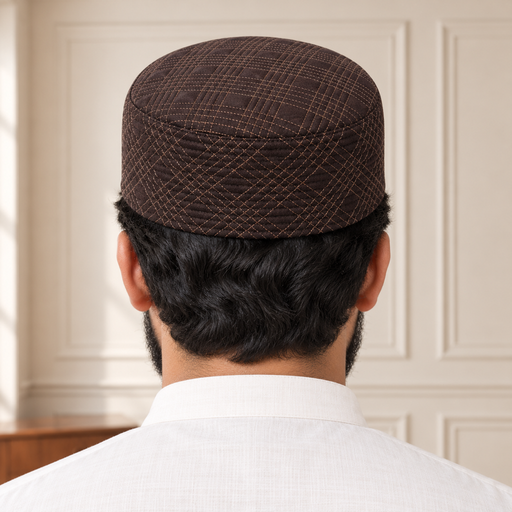 JJ Caps coffee brown reversible kufi — back close-up on HayaStyle model