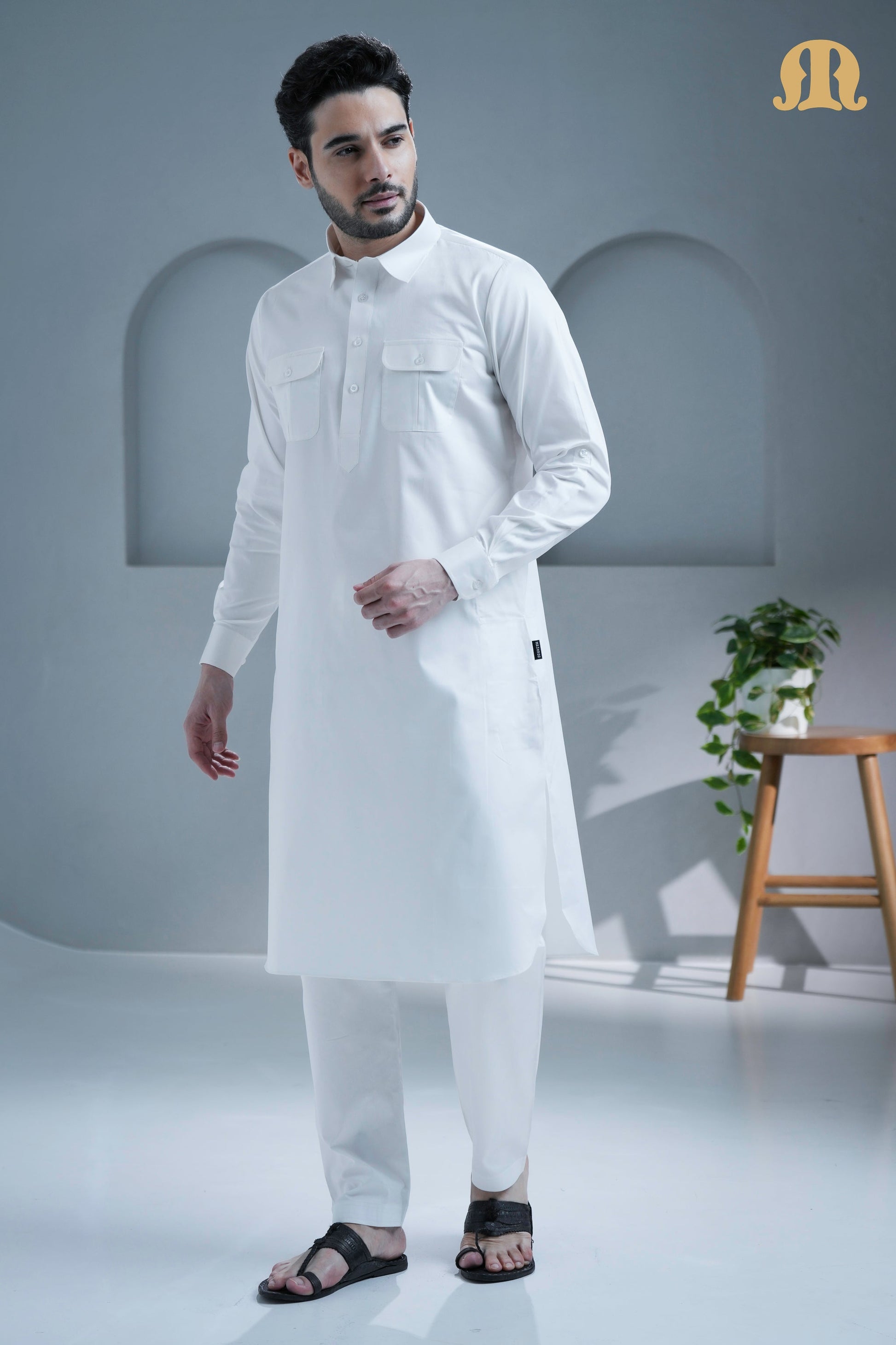Detail of the classic shirt collar and front pockets on the Mashroo Pathani suit.
