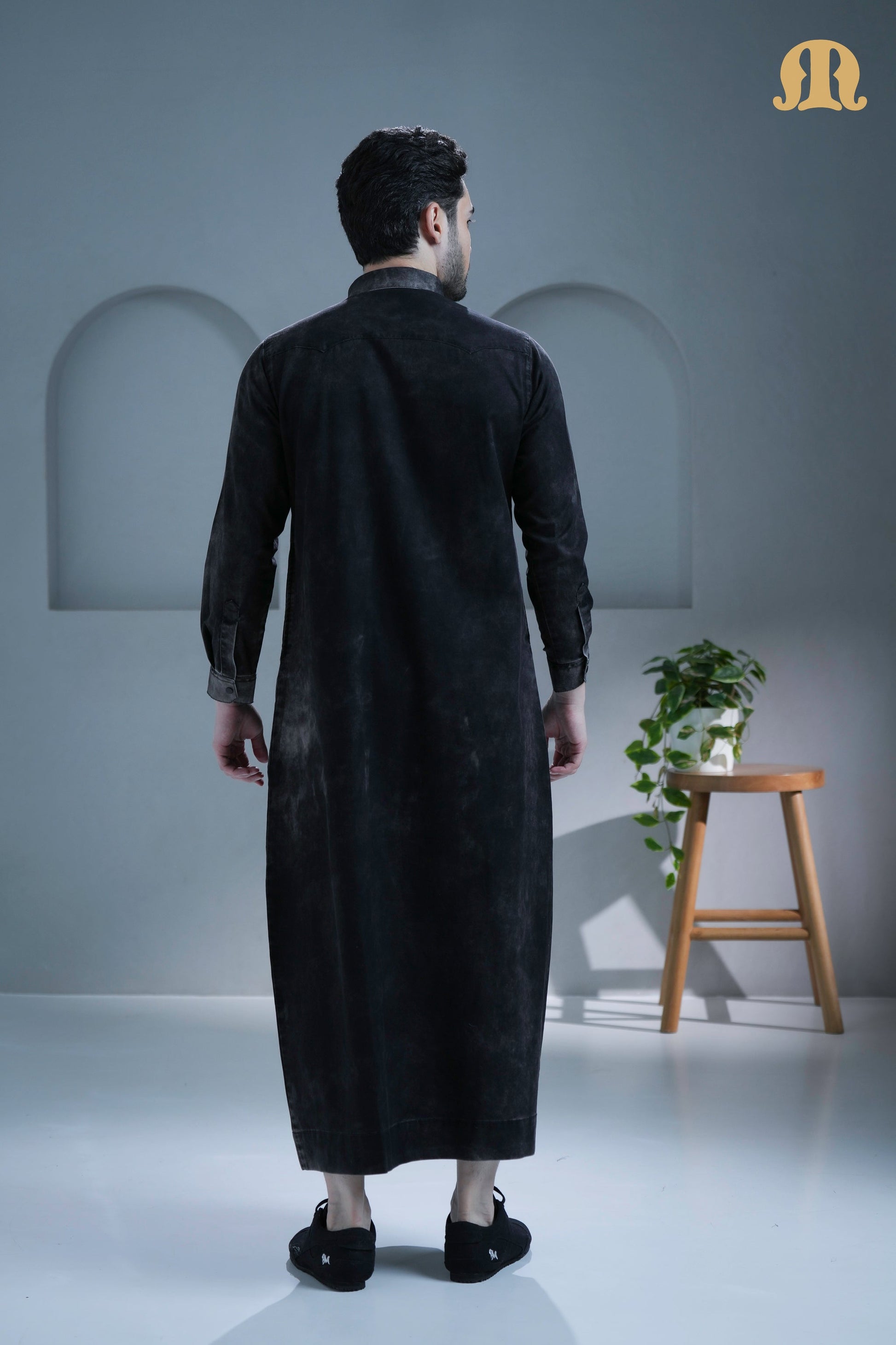 Front view of the Brimstone Black Denim Thobe for men by Mashroo.
