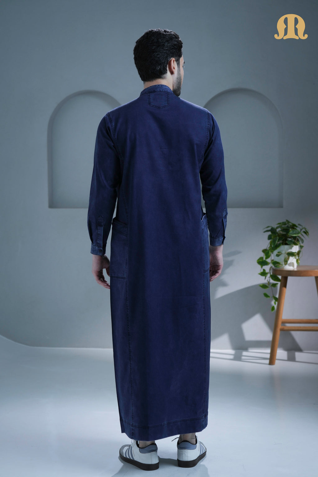 Front view of the Mekong Navy Blue Denim Thobe for men by Mashroo.
