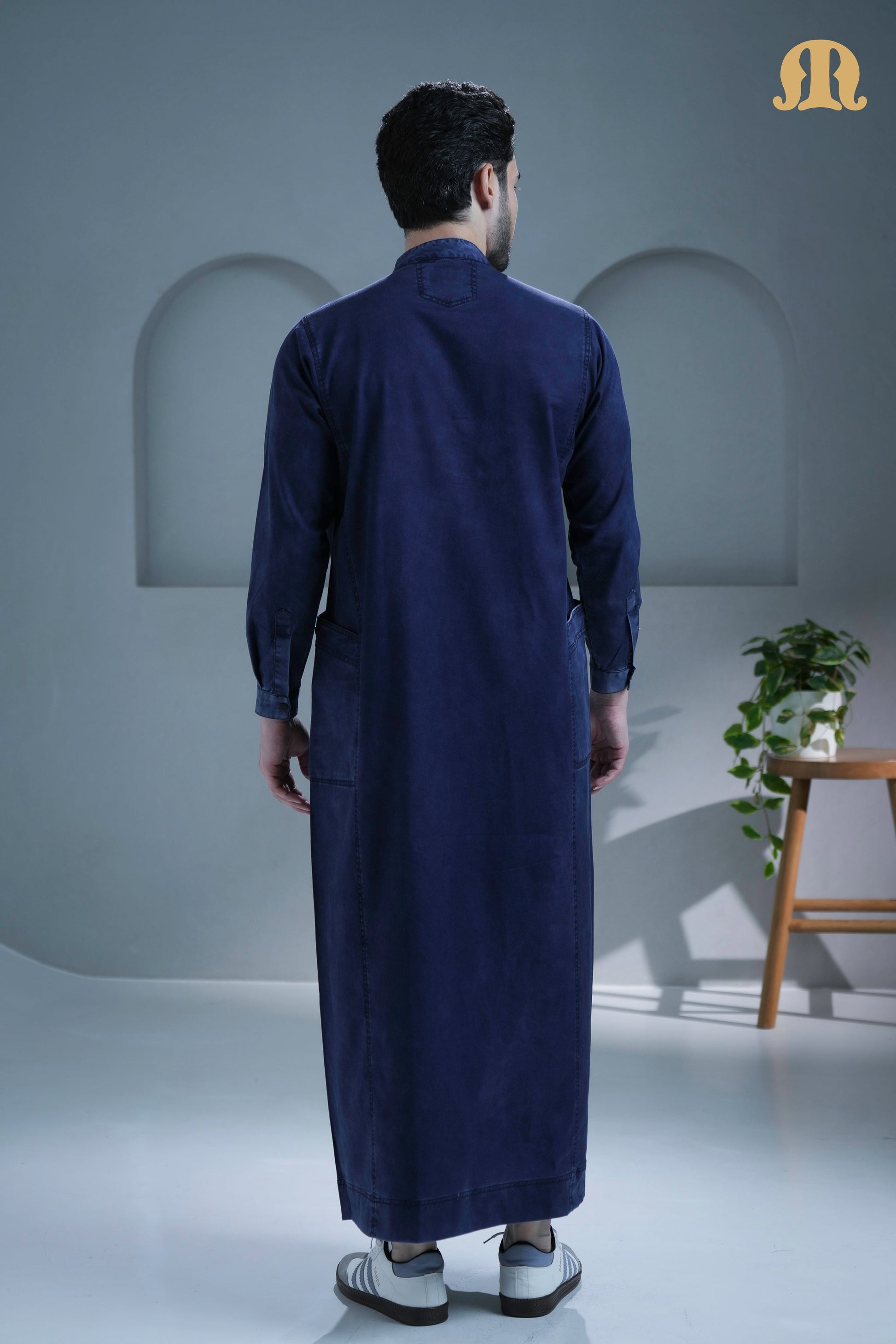Front view of the Mekong Navy Blue Denim Thobe for men by Mashroo.
