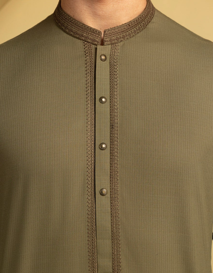 Olive Blended Semi-Formal Kameez Shalwar by J. Junaid Jamshed - Premium Islamic Men's Wear